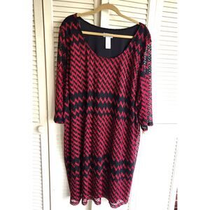 Catherines Dress Red Black Chevron  4X Fully Lined Except  3/4 Sleeves